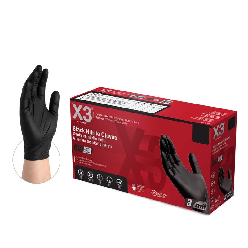 X3 AMMEX X3 Black Nitrile Disposable Industrial Gloves 3 Mil, Latex/Powder-Free, Food-Safe, Non-Sterile, Textured, X-Large, Box of 100 - Image 1